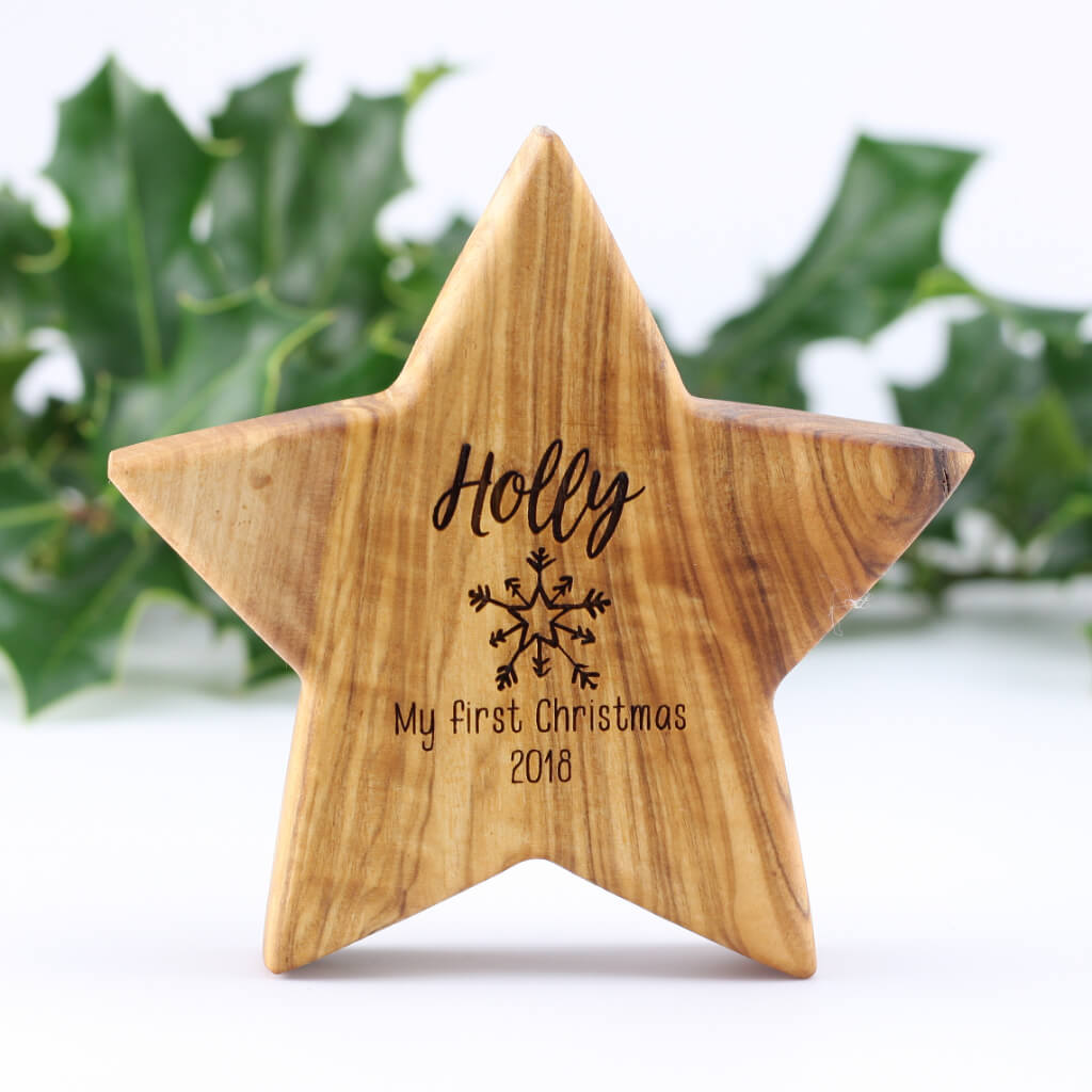 Personalised First Christmas Olive Wood Star With Nine Images