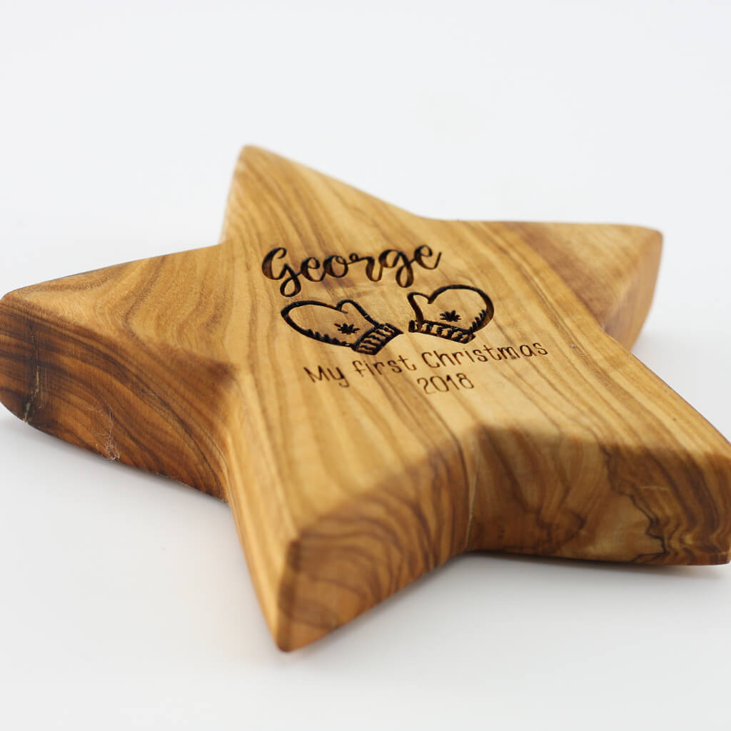 Personalised First Christmas Olive Wood Star With Nine Images