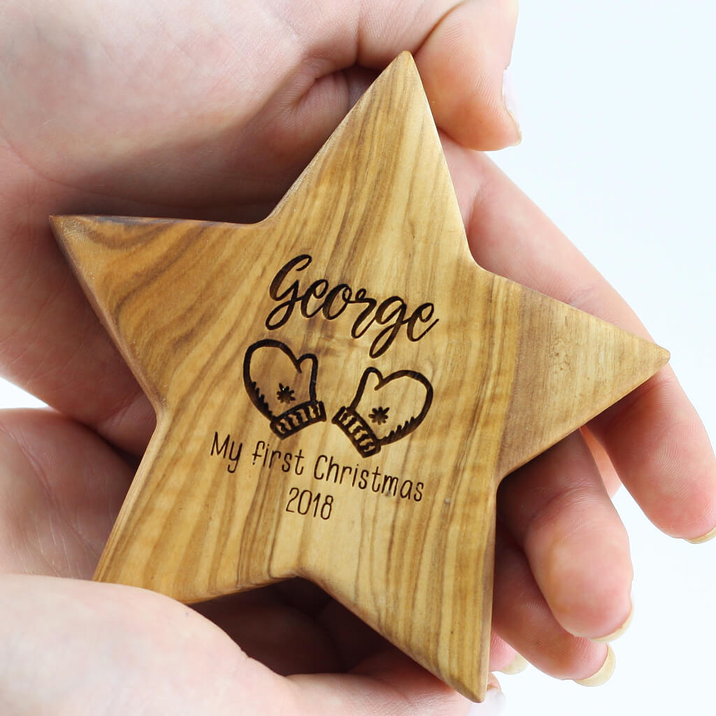 Personalised First Christmas Olive Wood Star With Nine Images