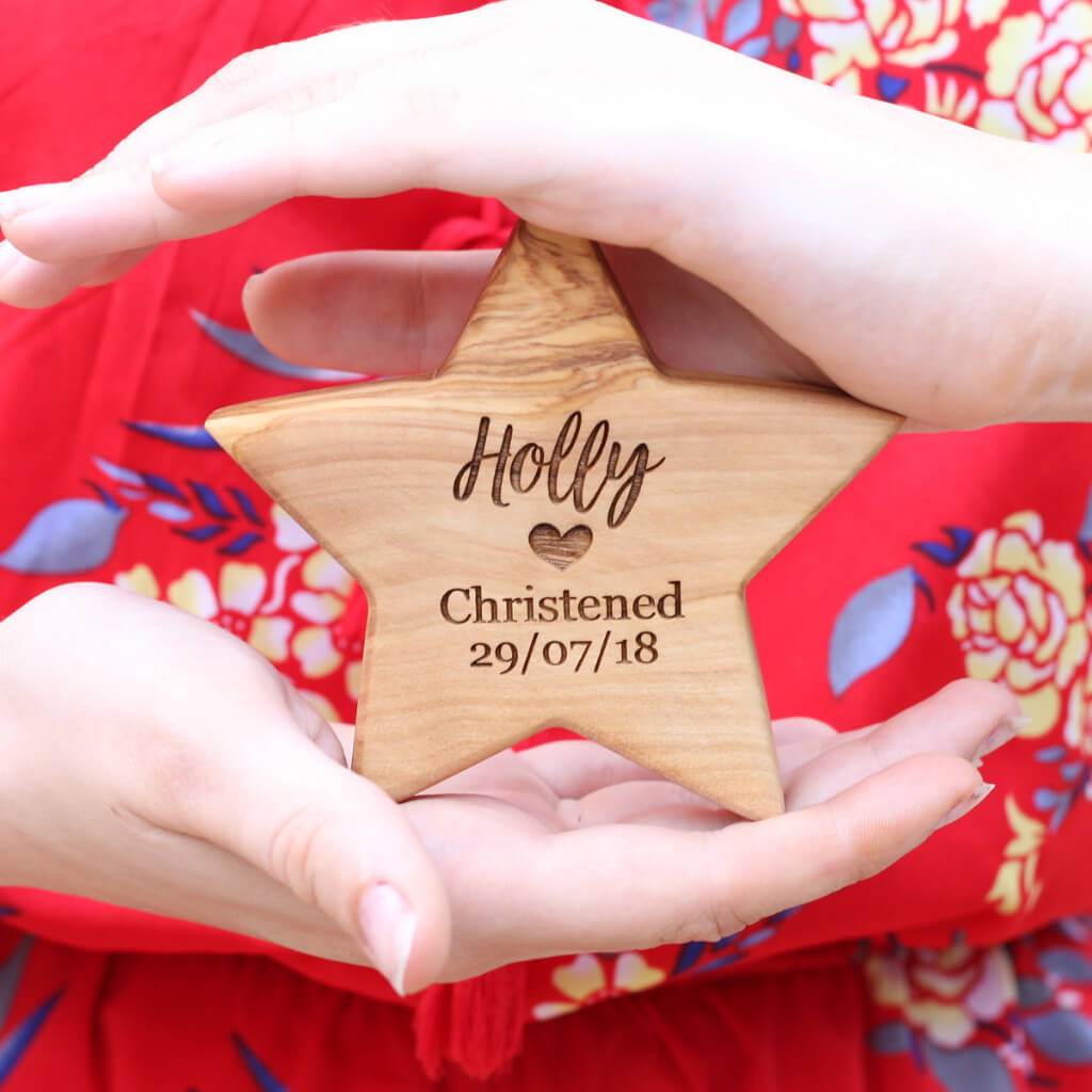 Personalised Olive Wood Christening Star