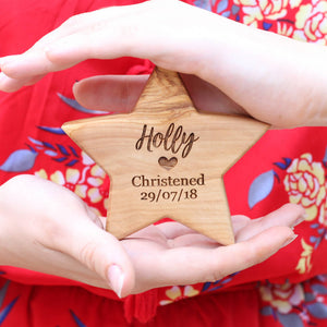 Personalised Olive Wood Christening Star