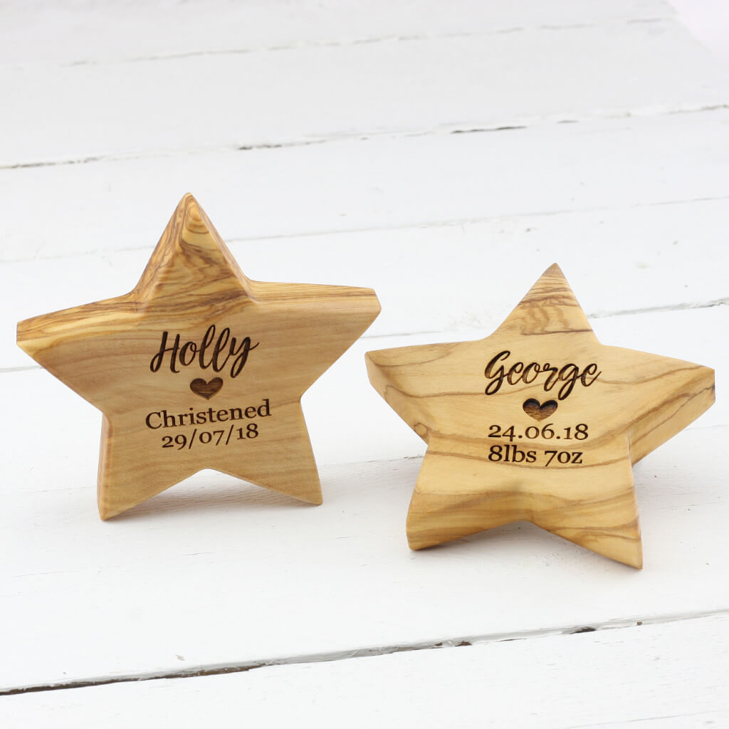 Personalised Olive Wood Christening Star