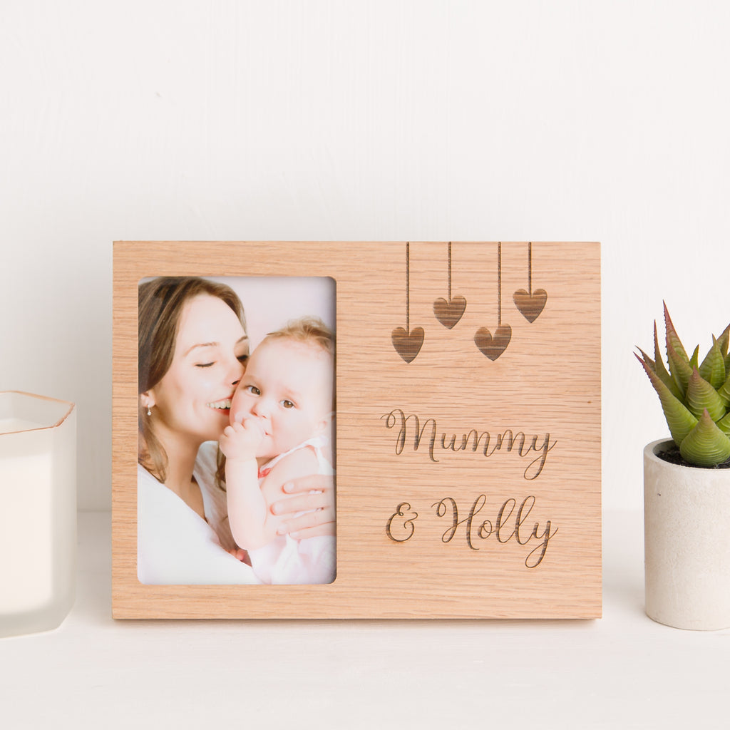 Personalised Mummy with Hearts Solid Oak Photo Frame