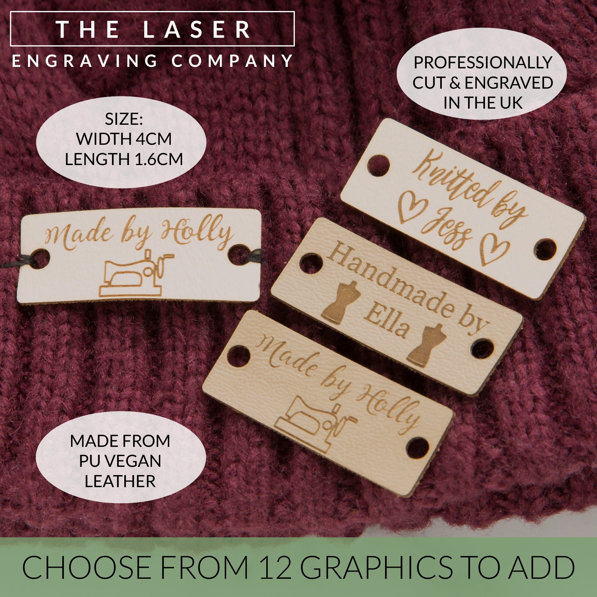 Personalised, Set of 10 Rectangle, Faux Leather, Sew On, Custom Handmade Tags, Knitting, Clothing / Crochet Tags