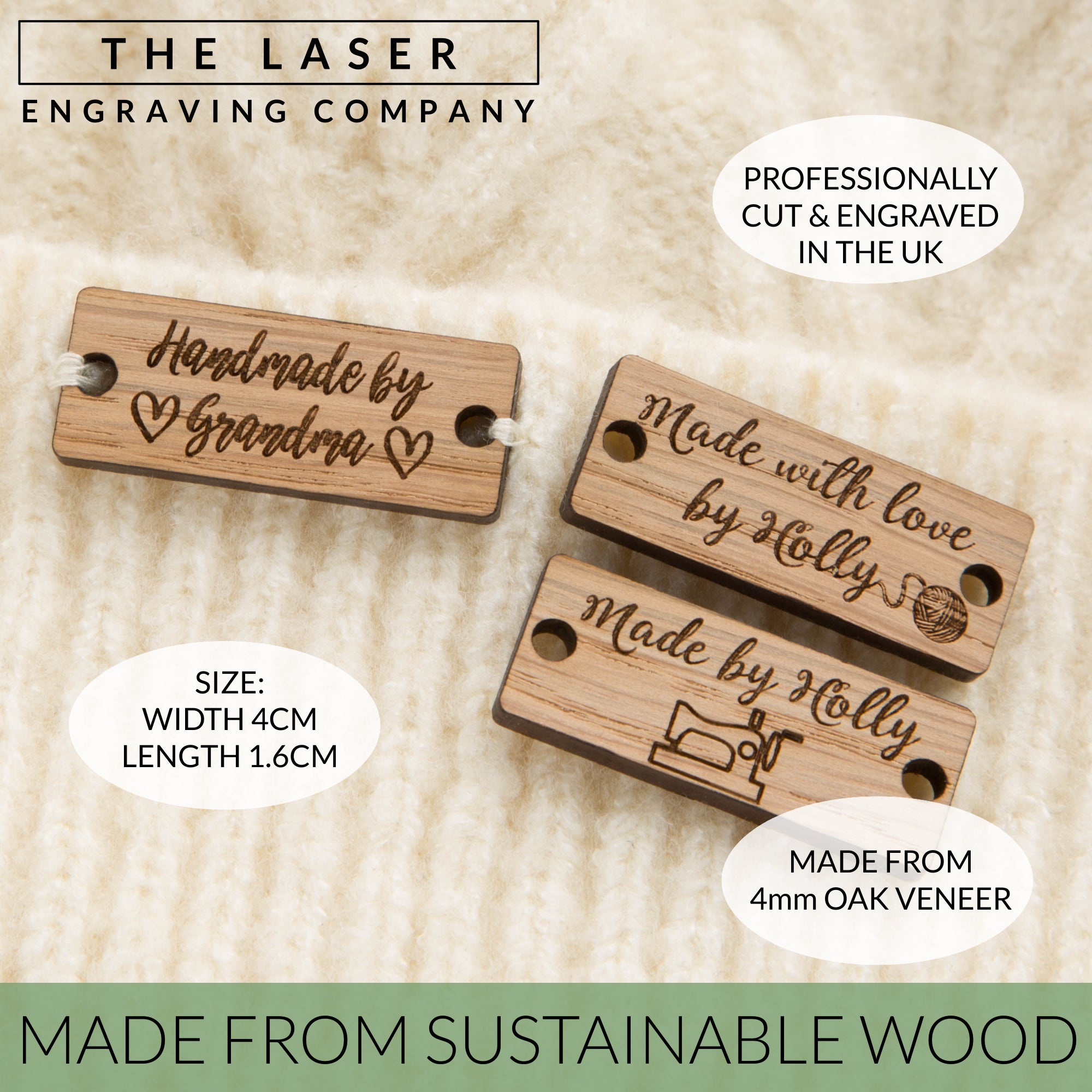 Personalised, Set of 10, Rectangle Oak Wood Label, Handmade Product Tags, Knitting, Clothing / Crochet Tag