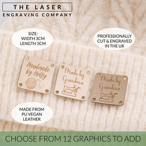 Personalised, Set of 10, Square Faux Leather, Sew On Label, Handmade By, Knitting, Clothing / Crochet Tags