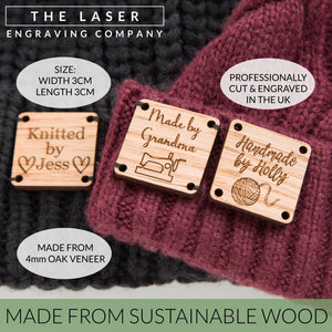 Personalised, Set of 10,  Square Oak Tag, Handmade By, Product Label, Knitting, Clothing / Crochet Tags, Sew on Label
