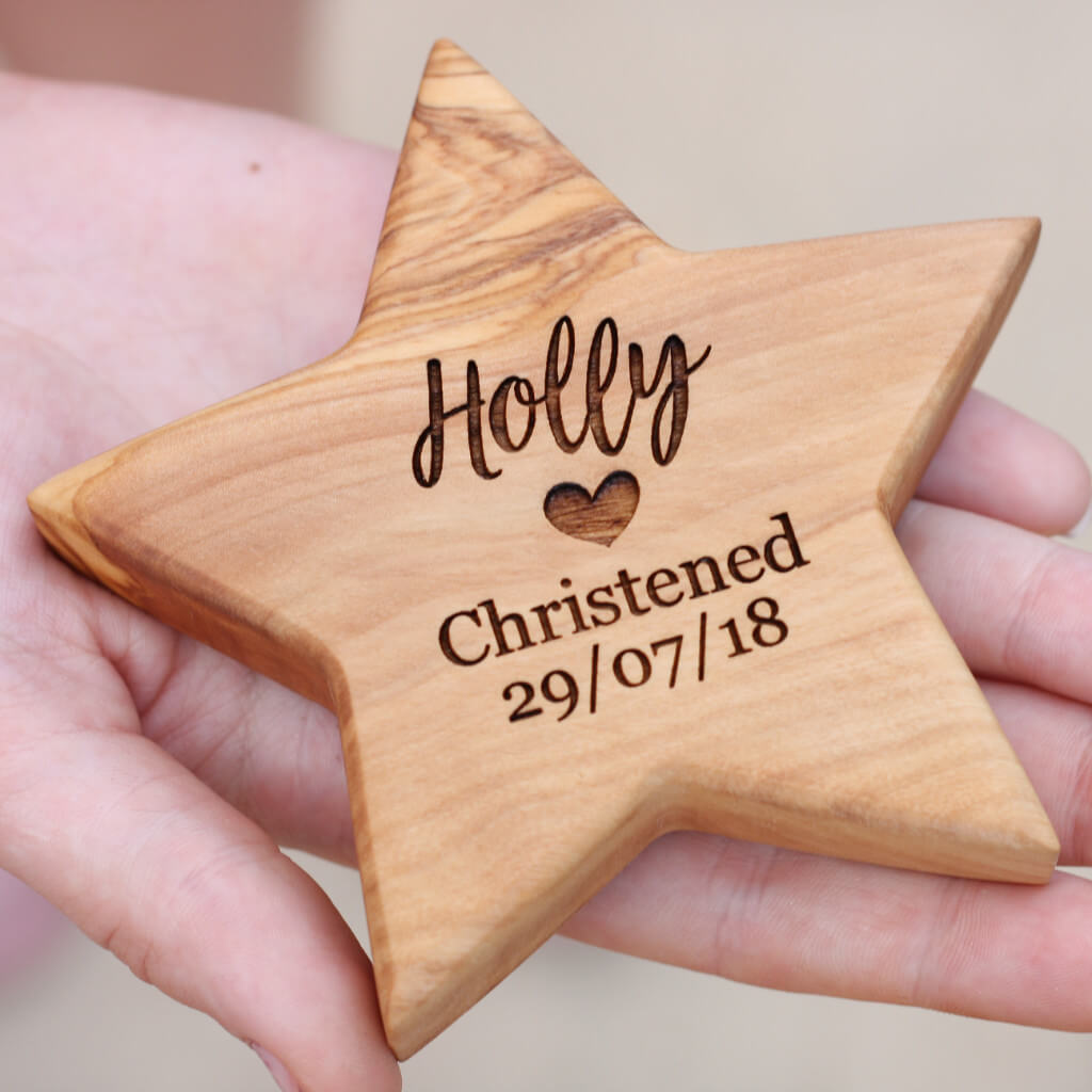 Personalised Olive Wood Christening Star