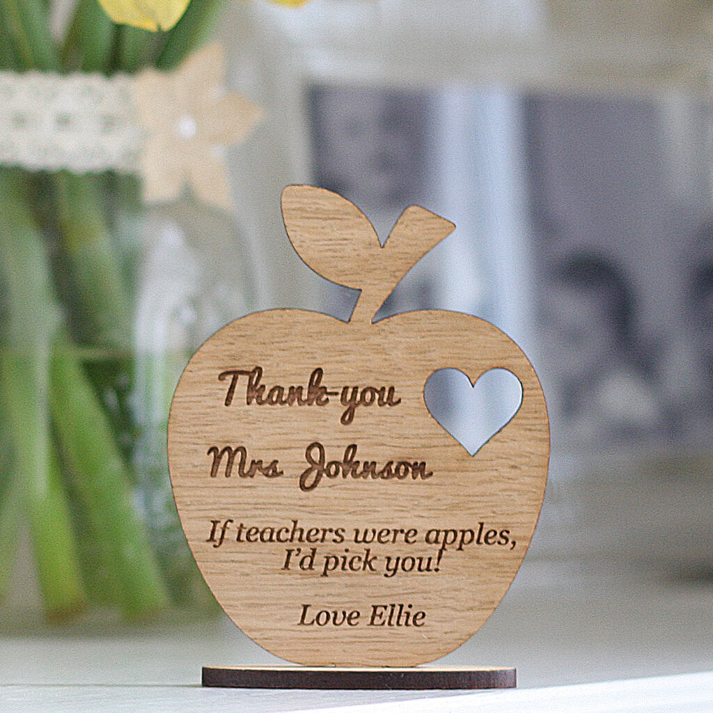 Personalised Teacher's Keepsake Wooden Ornament Apple With Stand
