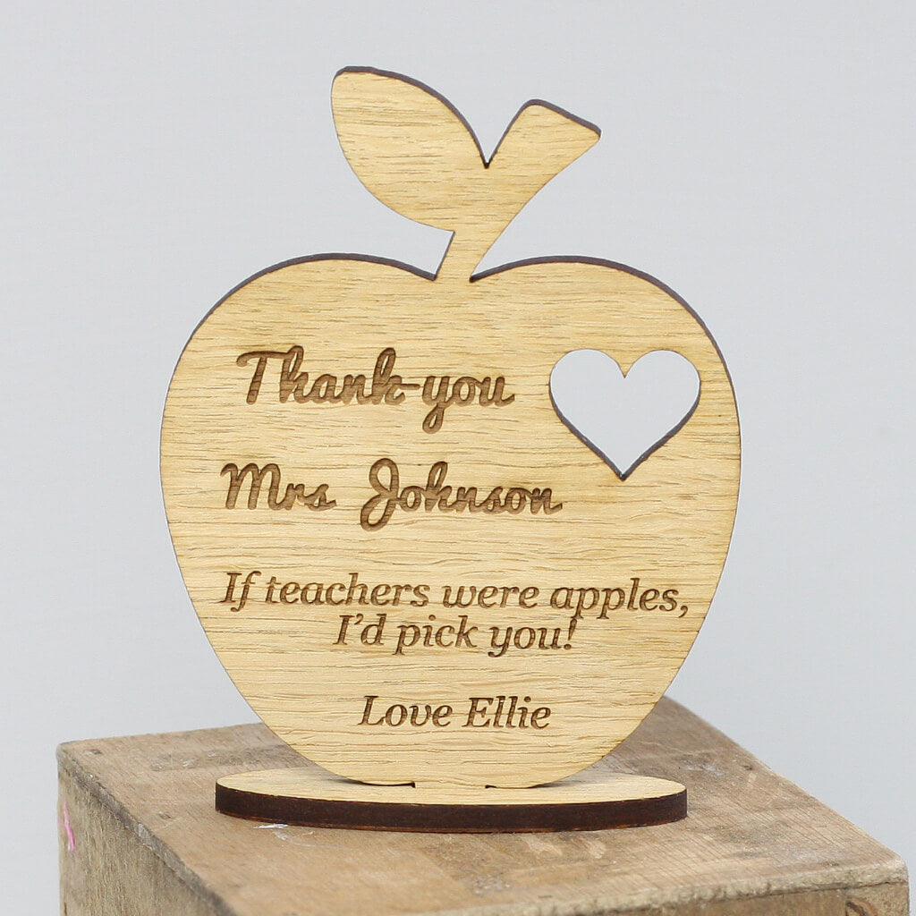 Personalised Teacher's Keepsake Wooden Ornament Apple With Stand