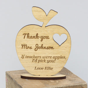 Personalised Teacher's Keepsake Wooden Ornament Apple With Stand