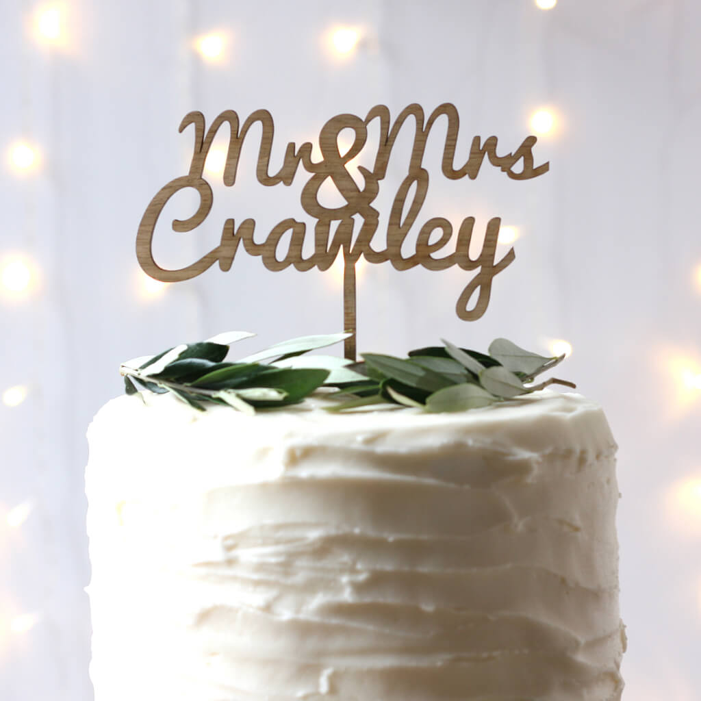 Mr and Mrs Oak Personalised Wedding Party Wood Cake Topper