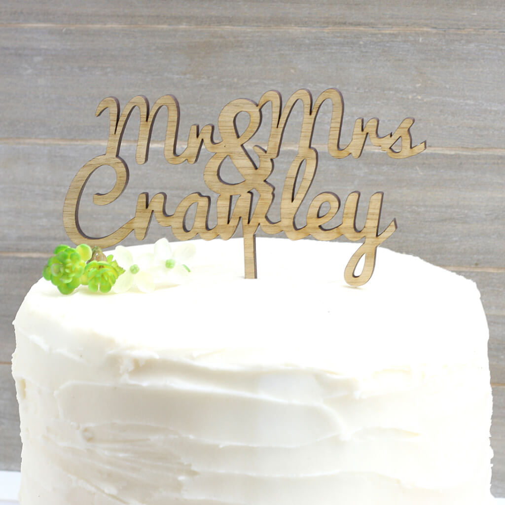 Mr and Mrs Oak Personalised Wedding Party Wood Cake Topper